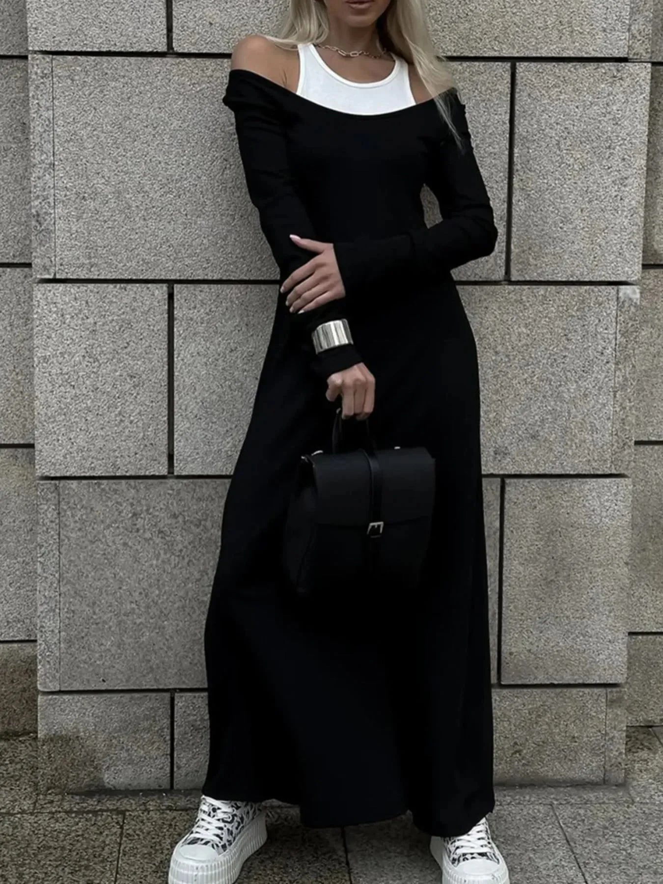 Contrast Long Sleeve Maxi Dress - VILLA FASHION